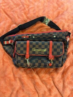Sprayground Brown Checkered Belt Bag with Red Accents